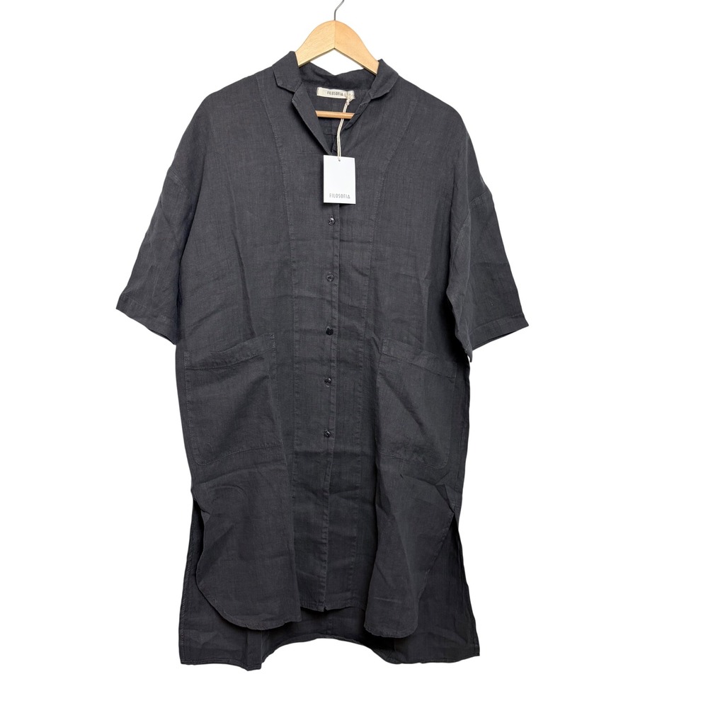 NEW Filosofia Linen Button Down Shirt Dress Charcoal Gray Short Sleeve Pocket XS